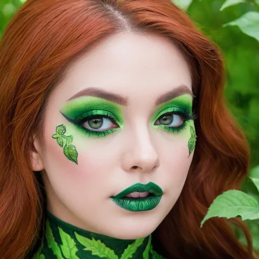 Prompt: <mymodel> poison ivy close up portrait 
   bimbo hypnotic green makeup 