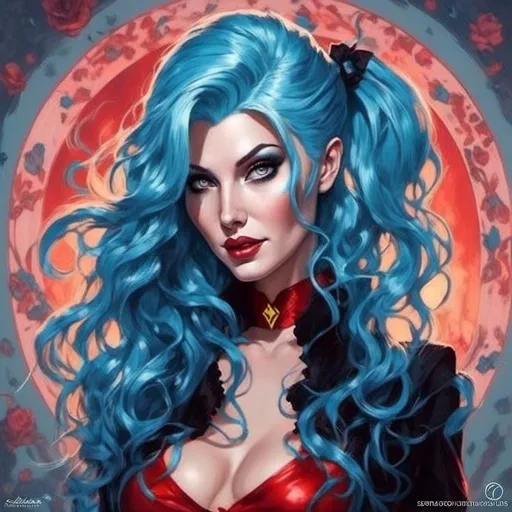 Prompt: Blue hair Supervillainess hypnotic bimbo <mymodel>