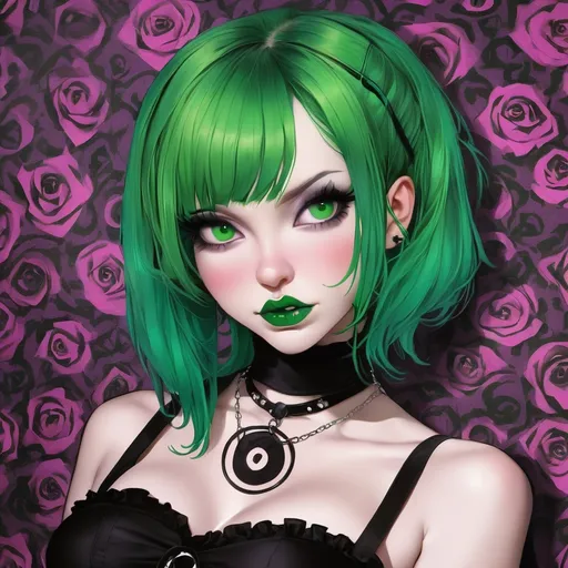 Prompt: Hypnotic bimbo  goth green hair