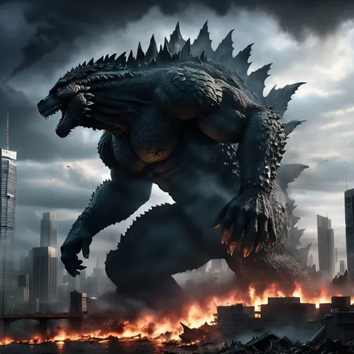 Prompt: Gigantic Godzilla towering over a city, destructive rampage, detailed scales and textures, dramatic lighting, cinematic quality, realistic 3D rendering, ominous shadows, dark and intense atmosphere, chaotic city destruction, high quality, 4k resolution, detailed 3D, realistic, cinematic, dramatic lighting, intense atmosphere, monstrous scales, destructive rampage, ominous shadows, chaotic city, dark tones