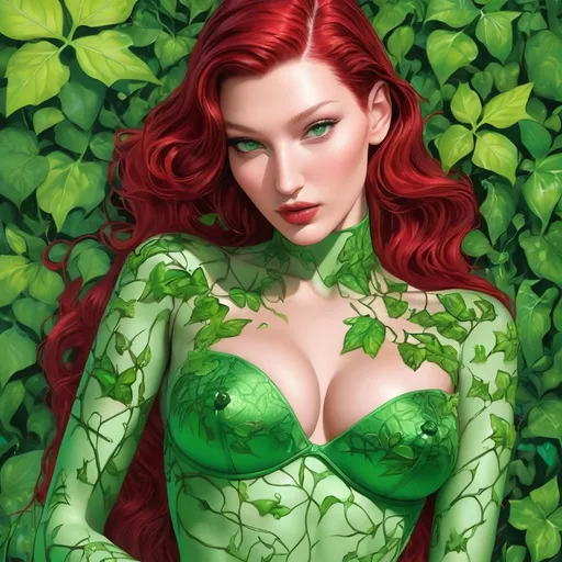 Prompt: Bella hadid Ai art  hypnotic poison ivy green skin