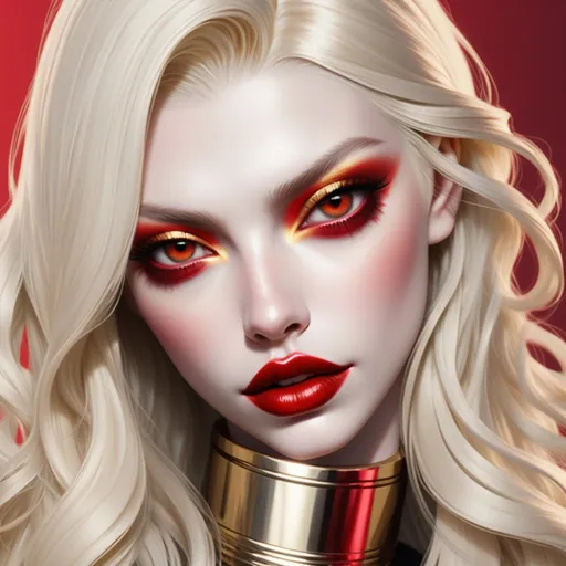 Prompt: Hypnotic bimbo  platinum  blonde straight long hair  gold lips and red eyeshadow 
