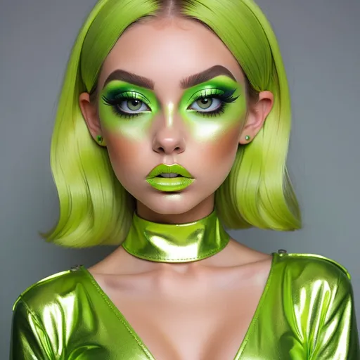 Prompt: Madelyn Cline  as hypnotic  bimbo metallic   lime green makeup         