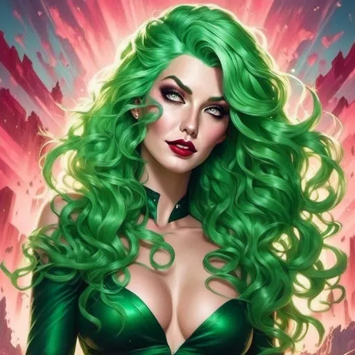 Prompt: Green hair Supervillainess hypnotic bimbo <mymodel>