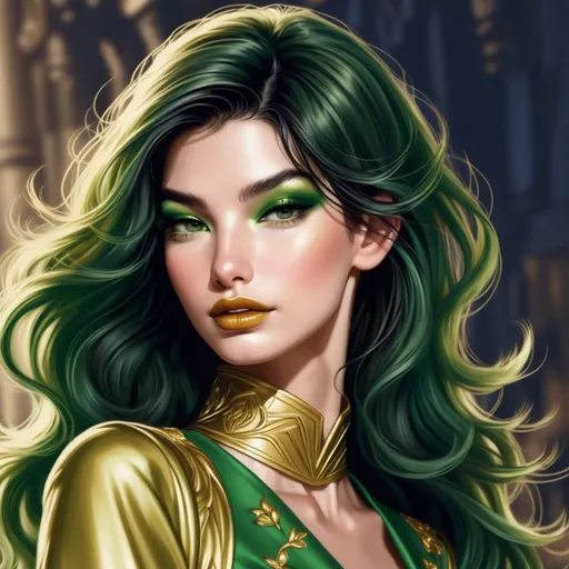 Prompt: Lilly Aldridge    gold lips and   green eyeshadow   