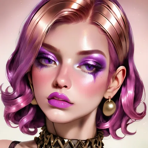 Prompt: jenna lynn mewowri  metallic  purple eyeshadow  and metallic bronze lips and pink hair