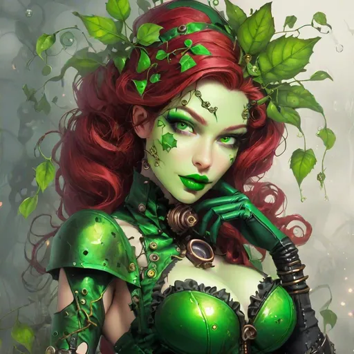 Prompt: Steampunk Poison ivy with green lips