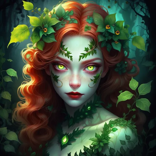 Prompt: Hauntingly beautiful poison ivy with glowing eyes, digital painting, enchanting floral details, eerie and mysterious atmosphere, high quality, haunting, glowing eyes, poison ivy, digital painting, enchanting, eerie atmosphere, floral details