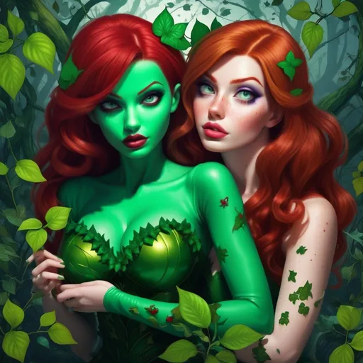 Prompt: Bimbo    hypnotized by redhead poison ivy     
