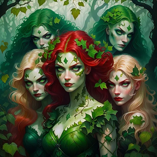 Prompt: Hauntingly beautiful poison ivy with her blonde girls, oil painting, eerie mist, vibrant green tones, intense and mysterious gaze, flowing red hair, detailed botanical elements, enchanting and surreal atmosphere, high quality, oil painting, haunting, vibrant green, eerie mist, detailed botanical, intense gaze, mysterious, surreal, flowing hair, enchanting, atmospheric lighting