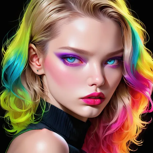 Prompt:  Sasha Luss  portrait, hypnotic   bimbo , digital painting, dramatic colourful makeup, high fashion, intense gaze, realistic portrayal, vibrant colors, detailed features, highres, professional, dramatic, realistic, digital painting, intense gaze, vibrant colors, detailed features, high fashion, glamorous lighting