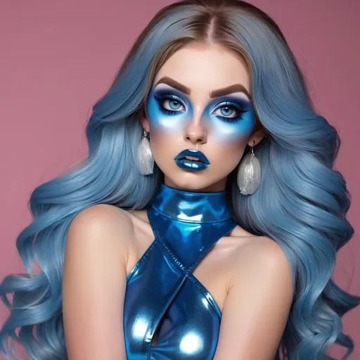 Prompt: Madelyn Cline  as hypnotic  bimbo metallic   blue makeup         