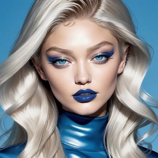 Prompt: Gigi hadid  with blue  eye shadow , platinum blonde hair,  and blue lipstick in Jim lee comic  style
