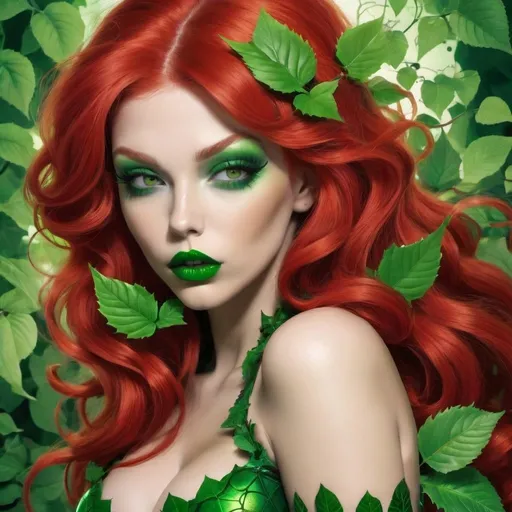 Prompt: Poison ivy hypnotizing a Hypnotic bimbo  scarlet  hair  green lips 