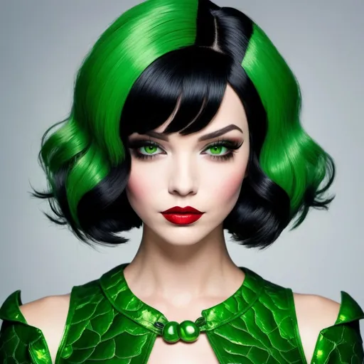 Prompt:  Poison ivy  with a short black bob hair style      green lips 