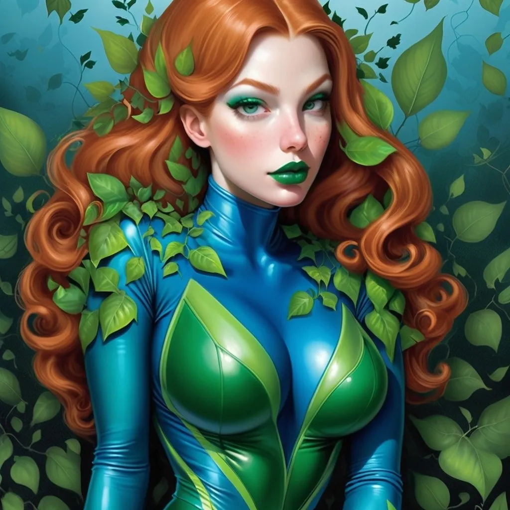 Prompt: Poison ivy ginger green lips blue latex body suit 