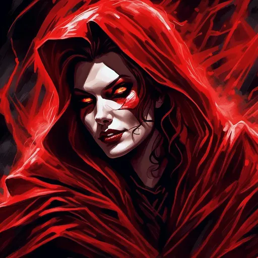 Prompt: Supervillainess, digita<mymodel>l art, sinister grin, flowing dark cloak, glowing eyes, high contrast, comic book style, dramatic lighting, intense red and black tones, best quality, detailed, dramatic, digital art, sinister, glowing eyes, flowing cloak, high contrast, intense colors, comic book style