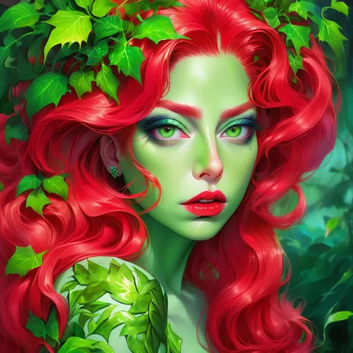 Prompt: Lady gaga  portrait, poison ivy, digital painting, dramatic colourful makeup, high fashion, intense gaze, realistic portrayal, vibrant colors, detailed features, highres, professional, dramatic, realistic, digital painting, intense gaze, vibrant colors, detailed features, high fashion, glamorous lighting, green skin , green makeup 