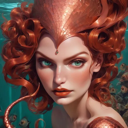 Prompt: Hypnotic evil copper  mermaid 