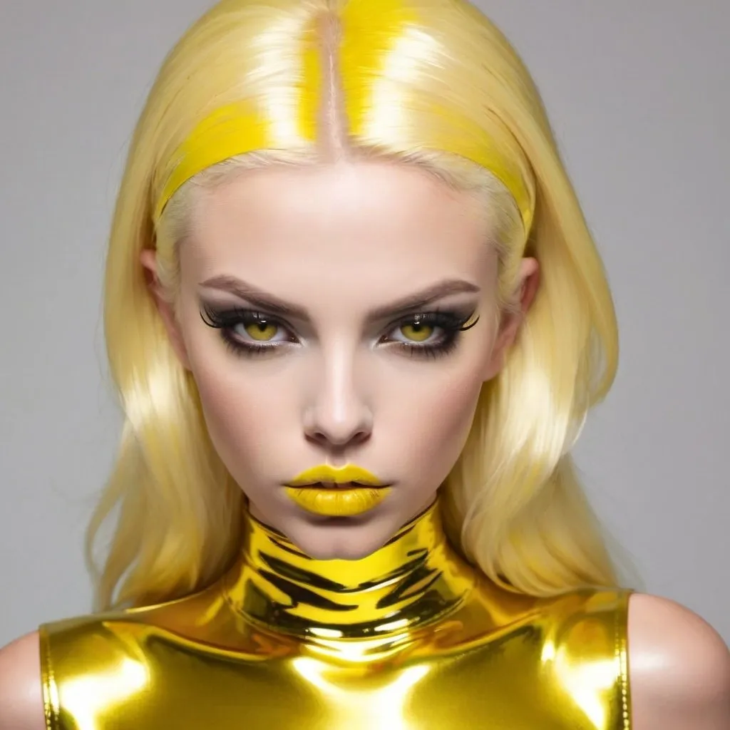 Platinum blonde bimbo in metallic yellow latex meta...