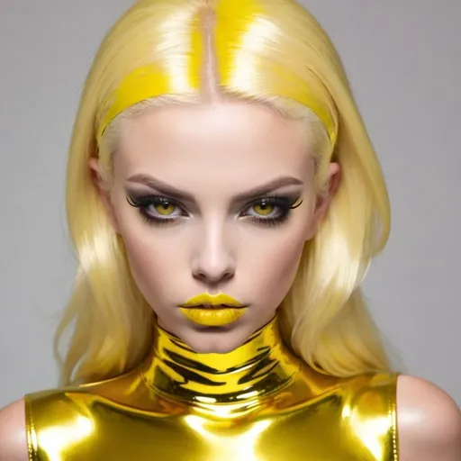 Prompt: Platinum blonde bimbo in metallic  yellow latex metallic  yellow lips 