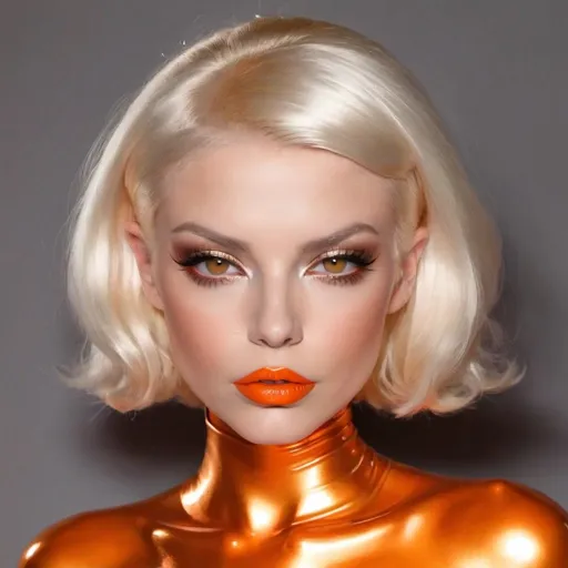 Prompt: Platinum blonde bimbo in metallic  orange latex metallic  orange lips 