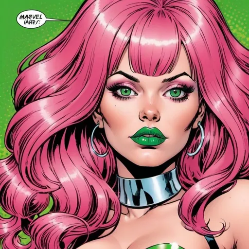 Prompt: Hypnotic     bimbo pink  hair  in marvel  comics   green lips 