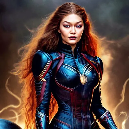 Prompt: Gigi  hadid as the goblin  queen with red hair marvel comic style 