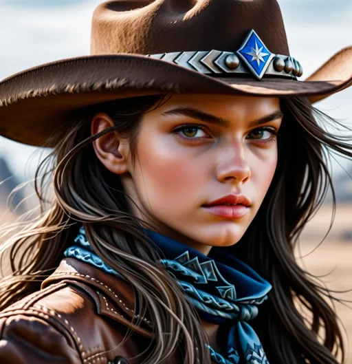 Prompt: ruslana korshunova   as a  cowboy close up portrait 