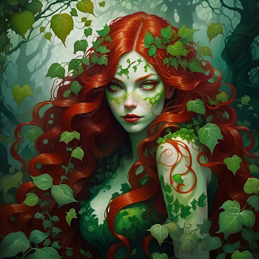 Prompt: Hauntingly beautiful poison ivy with her ginger girls, oil painting, eerie mist, vibrant green tones, intense and mysterious gaze, flowing red hair, detailed botanical elements, enchanting and surreal atmosphere, high quality, oil painting, haunting, vibrant green, eerie mist, detailed botanical, intense gaze, mysterious, surreal, flowing hair, enchanting, atmospheric lighting