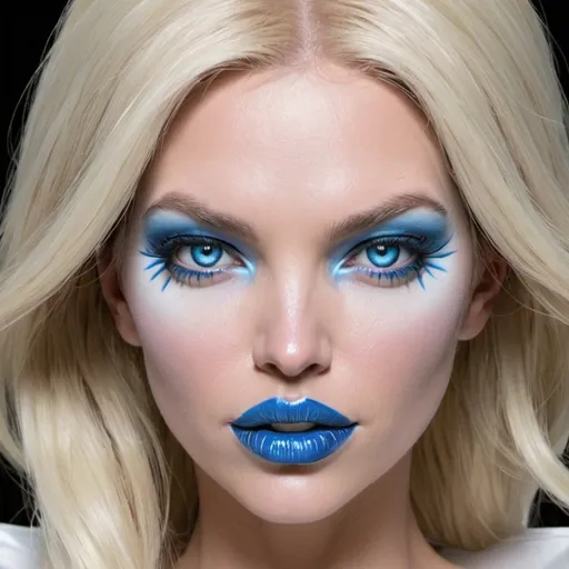 Prompt: Emma frost bimbo hypnotic  blue lips 