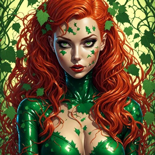 Prompt: <mymodel>Digital art of a latex bimbo poison ivy, vibrant and alluring, high resolution, glossy finish, bright and vibrant colors, latex outfit with intricate details, poisonous vines intertwined,  expression, professional, high-quality, detailed makeup, shiny and reflective surface