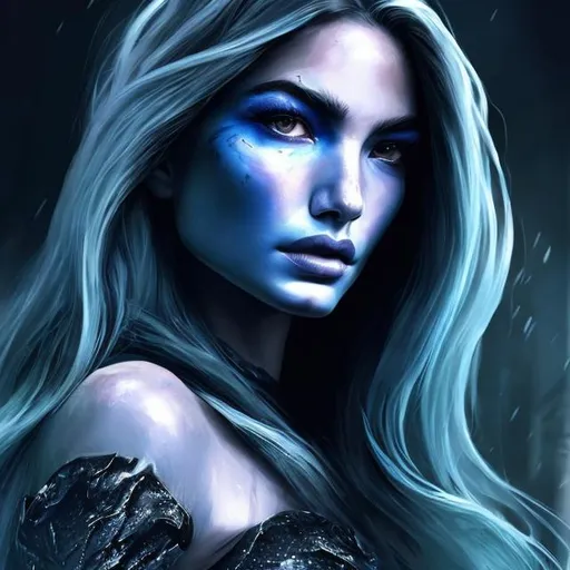 Prompt:  Lily Aldridge as a killer frost portrait, digital painting, dramatic colourful makeup, high fashion, intense gaze, realistic portrayal, vibrant colors, detailed features, highres, professional, dramatic, realistic, digital painting, intense gaze, vibrant colors, detailed features, high fashion, glamorous lighting