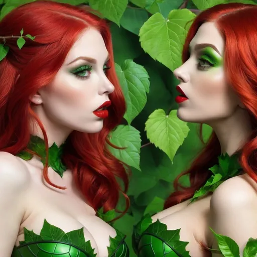 Prompt: Poison ivy hypnotizing a Hypnotic bimbo  red hair  green lips 