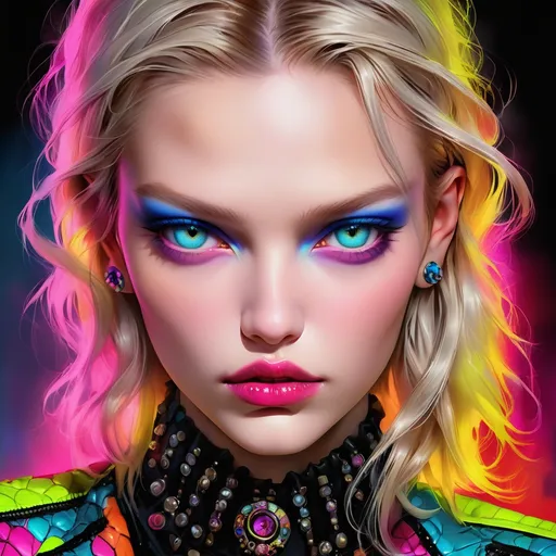 Prompt:  Sasha Luss   , hypnotic   bimbo , digital painting, dramatic colourful makeup, high fashion, intense gaze, realistic portrayal, vibrant colors, detailed features, highres, professional, dramatic, realistic, digital painting, intense gaze, vibrant colors, detailed features, high fashion, glamorous lighting