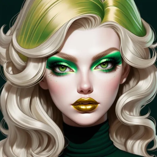 Prompt: Hypnotic bimbo  platinum  blonde   gold lips and green eyeshadow 