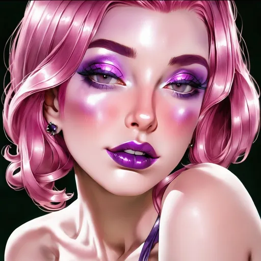 Prompt: jenna lynn mewowri  metallic  purple eyeshadow    lips and pink hair