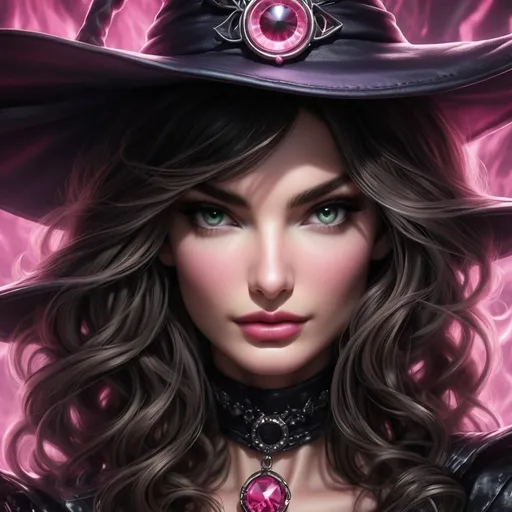 Prompt: Lily aldridge hypnotic bimbo wicked pink  witch  close up portrait 