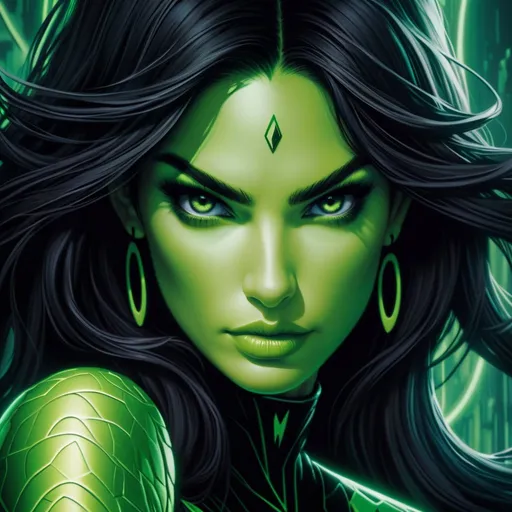 Prompt: Hypnotic Close up portrait Lilly Aldridge as shego        