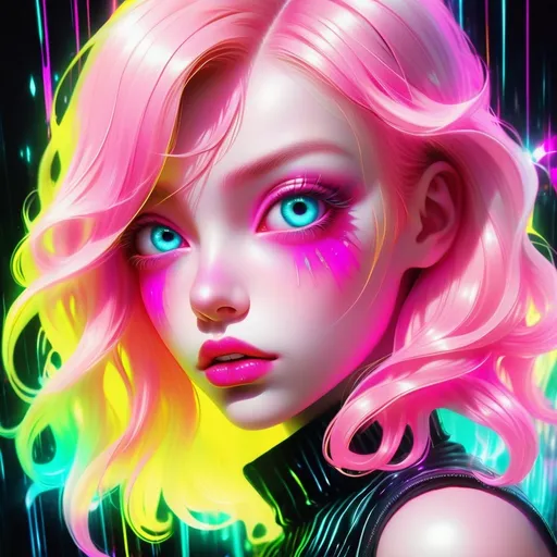 Prompt: Hypnotic blonde pink bimbo, vibrant and surreal, digital art, sparkling eyes, glossy lips, flowing pink hair, neon lights, high contrast, surreal, vibrant colors, hypnotic gaze, best quality, highres, ultra-detailed, digital art, surrealism, vibrant colors, neon lighting, glossy finish
