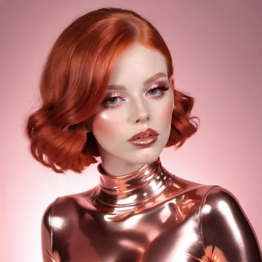 Prompt: Redhead bimbo in rose gold  latex with rose gold lips 