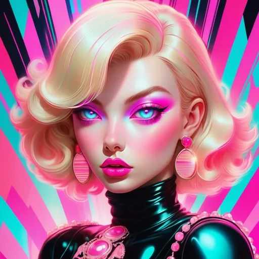 Prompt: Hypnotic blonde pink bimbo Sue Richards, digital painting, glamorous makeup and high fashion, vibrant and surreal, pop art style, fluorescent pink and pastel tones, neon lighting, glossy lips, sparkling jewelry, intricate details, high quality, surrealism, pop art, vibrant tones, glamorous lighting