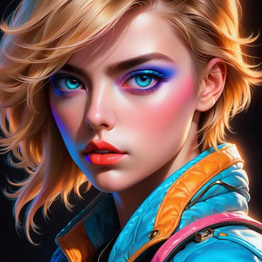 Prompt:  Elizabeth turner portrait, tracer,  digital painting, dramatic colourful makeup, high fashion, intense gaze, realistic portrayal, vibrant colors, detailed features, highres, professional, dramatic, realistic, digital painting, intense gaze, vibrant colors, detailed features, high fashion, glamorous lighting