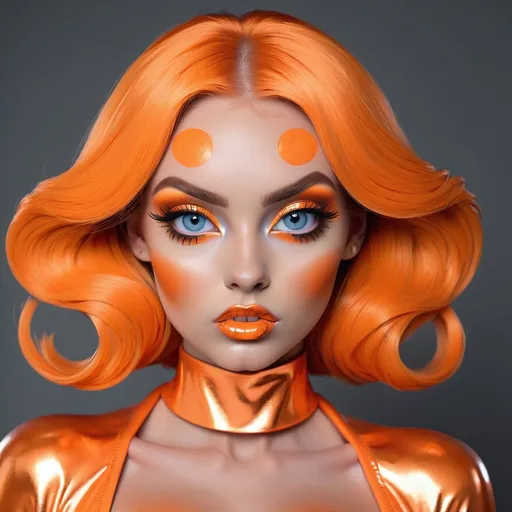 Prompt: Madelyn Cline  as hypnotic  bimbo metallic   orange makeup         