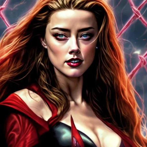 Prompt: Amber  heard as the scarlet witch in marvel comic , close up portrait 