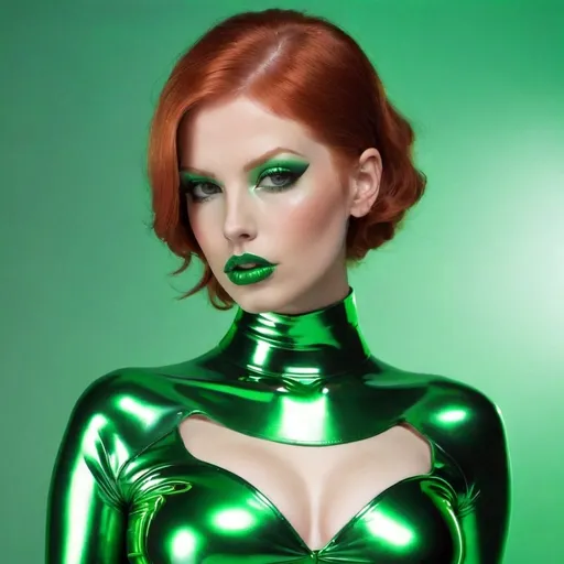 Prompt: Redhead bimbo in metallic  green latex metallic  green lips 
