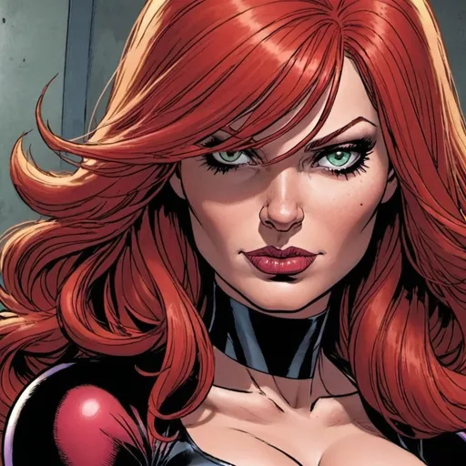 Prompt: Hypnotic Supervillainess   bimbo red hair  in marvel  comics   