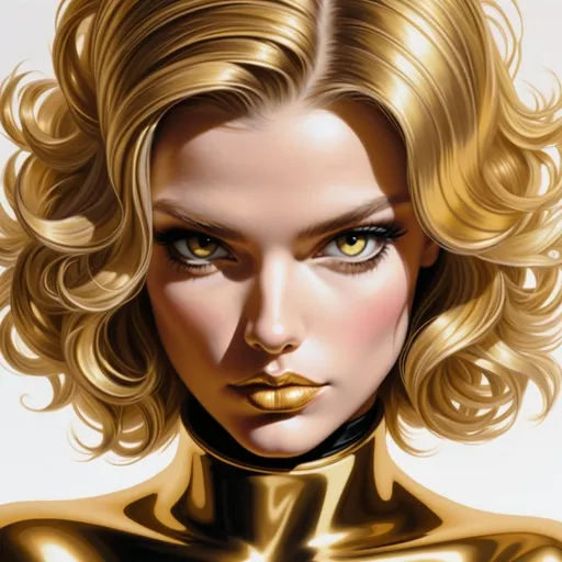 Prompt: rachel taylor Hypnotic    bimbo in gold close up portrait 