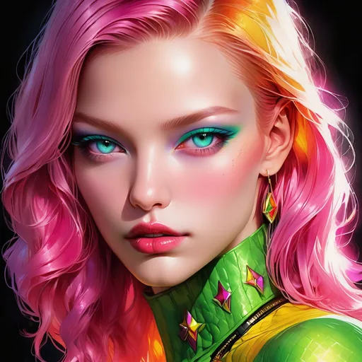 Prompt:  Sasha Luss  portrait,  starfire, digital painting, dramatic colourful makeup, high fashion, intense gaze, realistic portrayal, vibrant colors, detailed features, highres, professional, dramatic, realistic, digital painting, intense gaze, vibrant colors, detailed features, high fashion, glamorous lighting