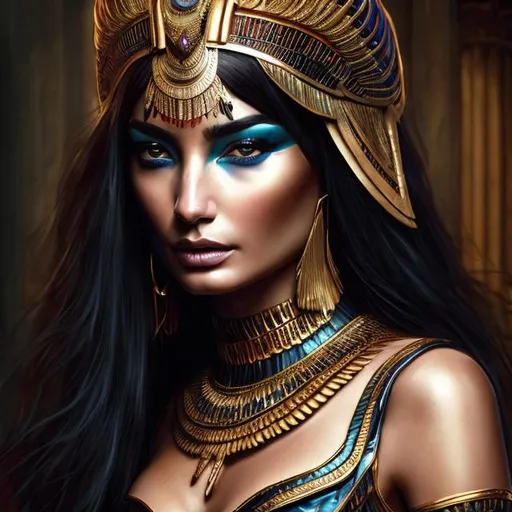 Prompt: Lily Aldridge as Cleopatra portrait, digital painting, dramatic colourful makeup, high fashion, intense gaze, realistic portrayal, vibrant colors, detailed features, highres, professional, dramatic, realistic, digital painting, intense gaze, vibrant colors, detailed features, high fashion, glamorous lighting